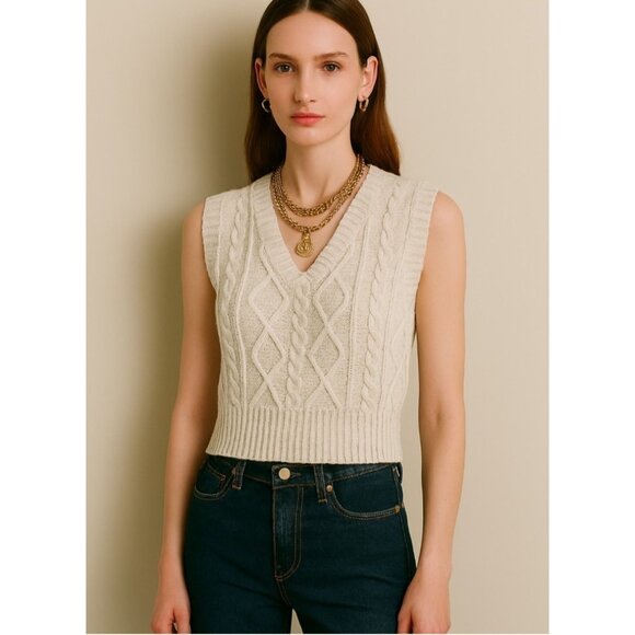 Pink Rose Beige Cable Knit Sweater Vest Women’s S V-Neck Sleeveless Diamond - Picture 1 of 9